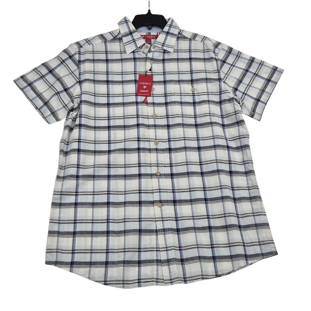 Cremieux Shirt Men's Size XXL Slim Fit Short Sleeve Button Up Plaid Blue (58)
